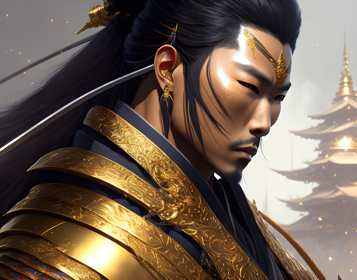 Traditional East Asian noble figure in golden armor and regal attire.