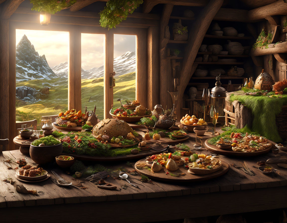 Rustic feast in cozy cabin with mountain view