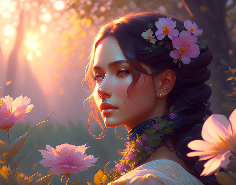 Digital portrait of woman with flowers in hair in sunlit garden