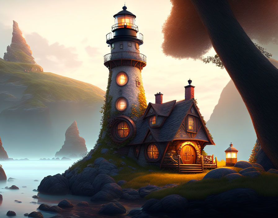 Lighthouse with cottage in sunset glow among rocks and greenery