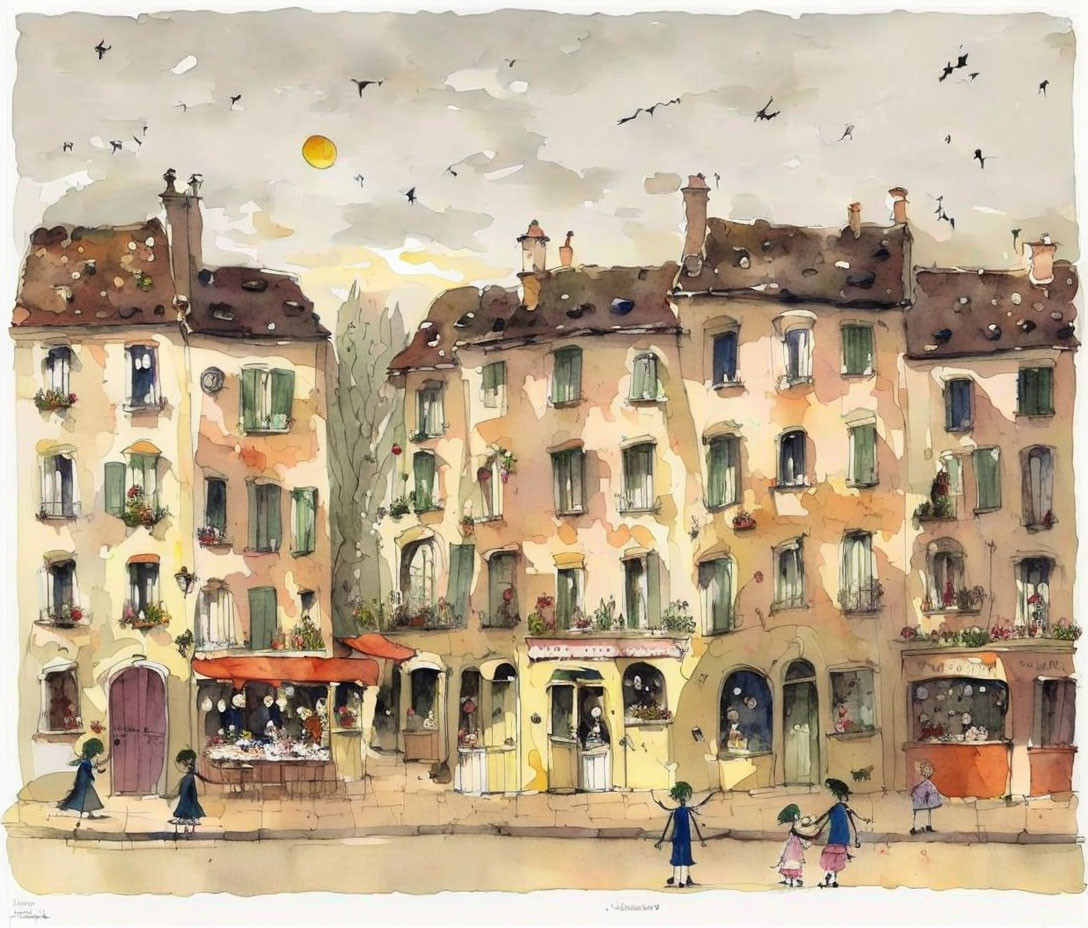 Quaint Street Scene Watercolor Painting with Old Buildings and Canal