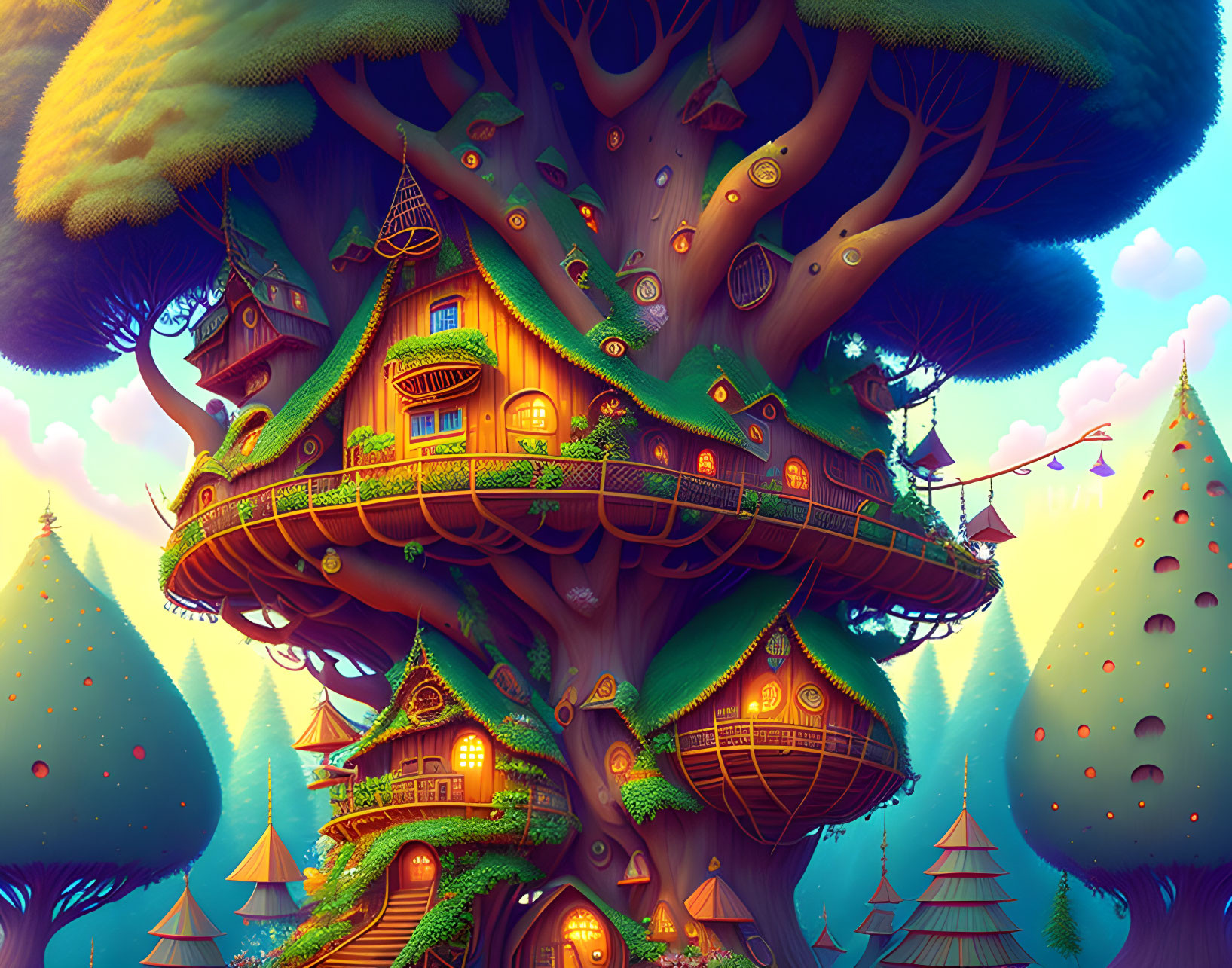 Enchanted tree illustration with houses and sunset sky