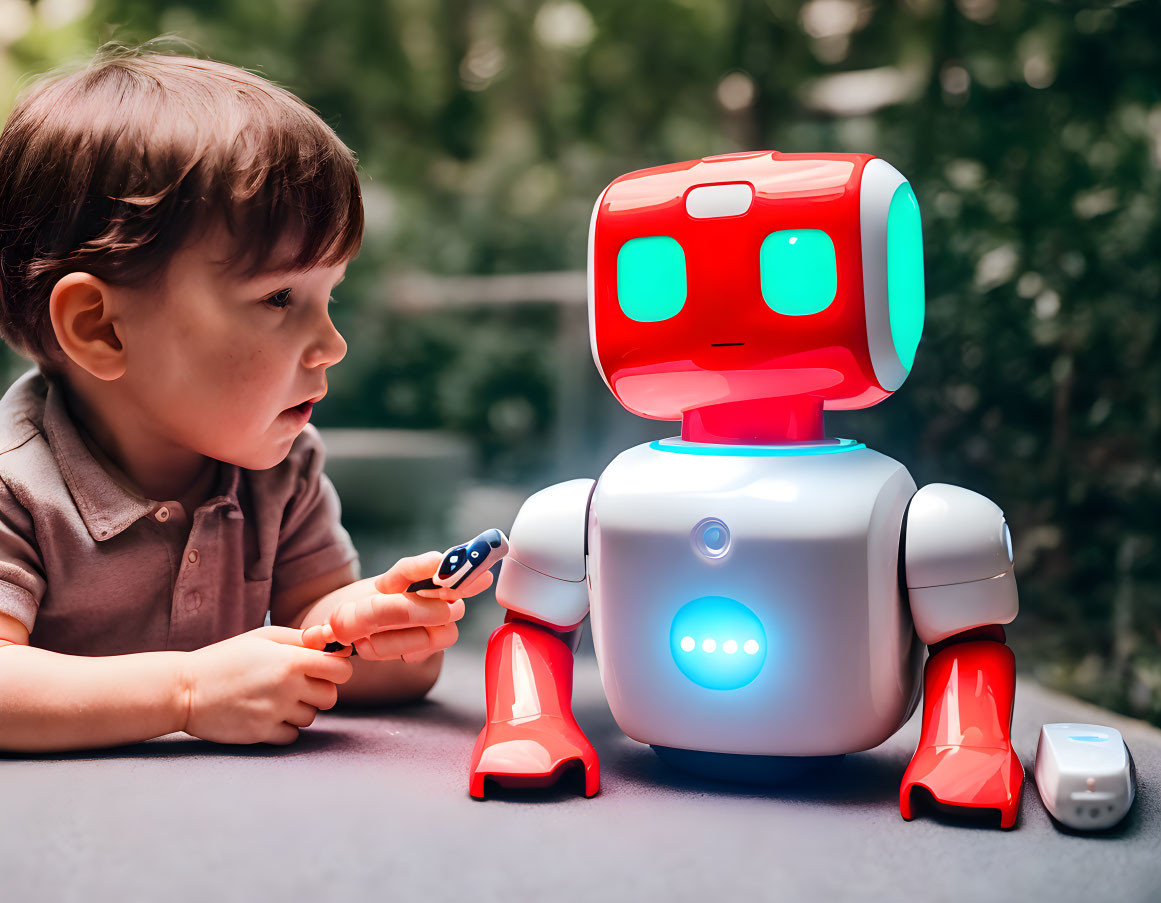 Child playing with colorful toy robot outdoors using remote control