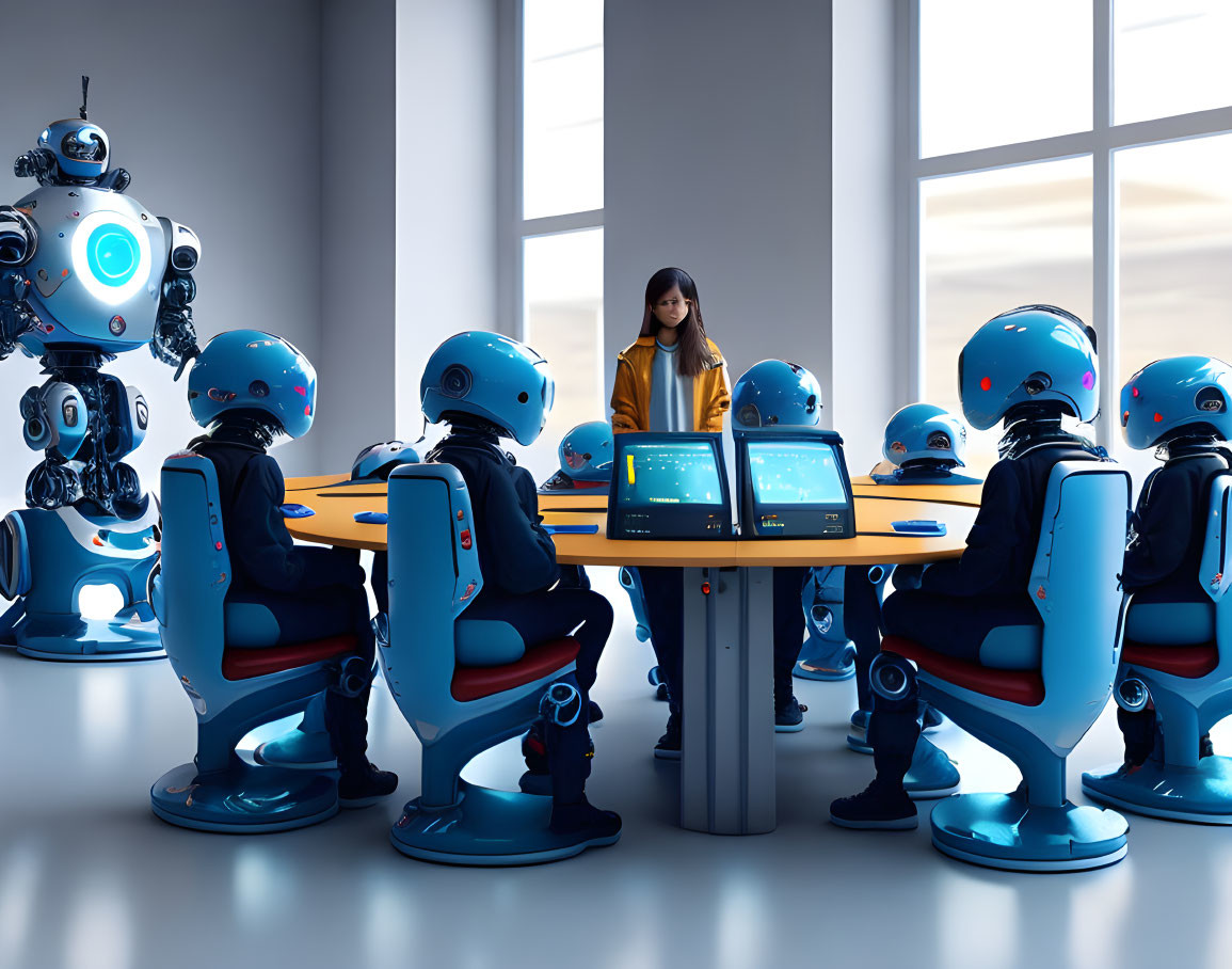 Woman overseeing humanoid robots working at a futuristic table