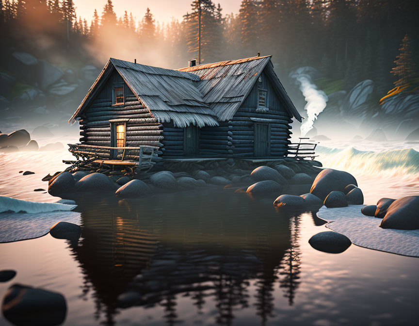 Rustic log cabin on riverbank with misty forest background