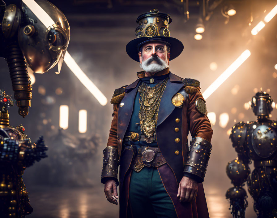 Steampunk-themed man with goggles and top hat surrounded by robots in dimly lit setting