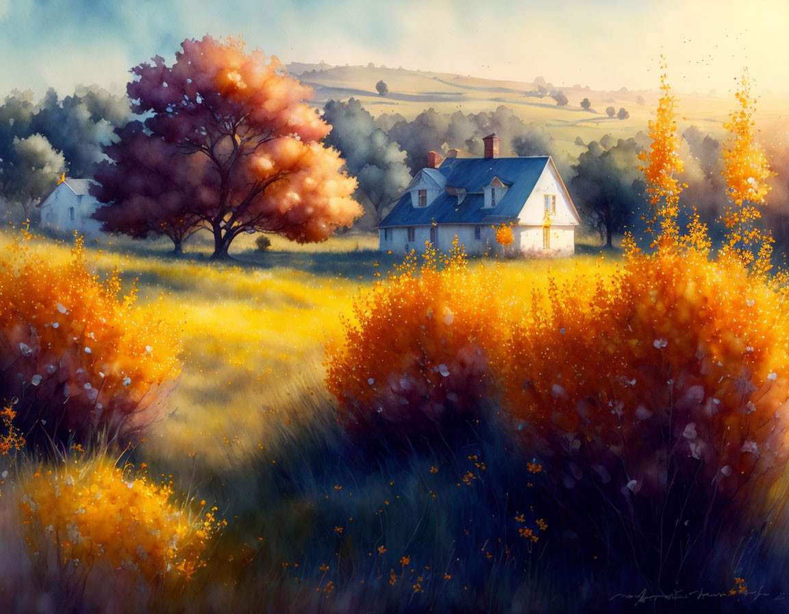 Tranquil autumn landscape with cozy house, golden fields, and orange tree