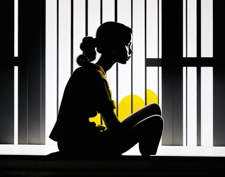 Woman silhouette by window with vertical blinds and yellow sun