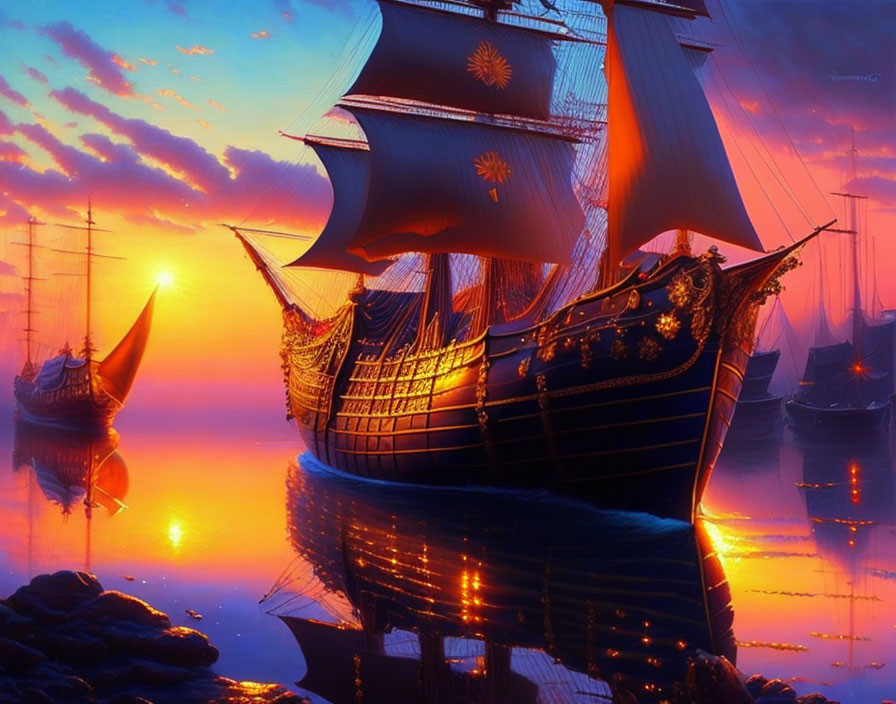 Sailing ships on vibrant sunset ocean: golden and purple hues