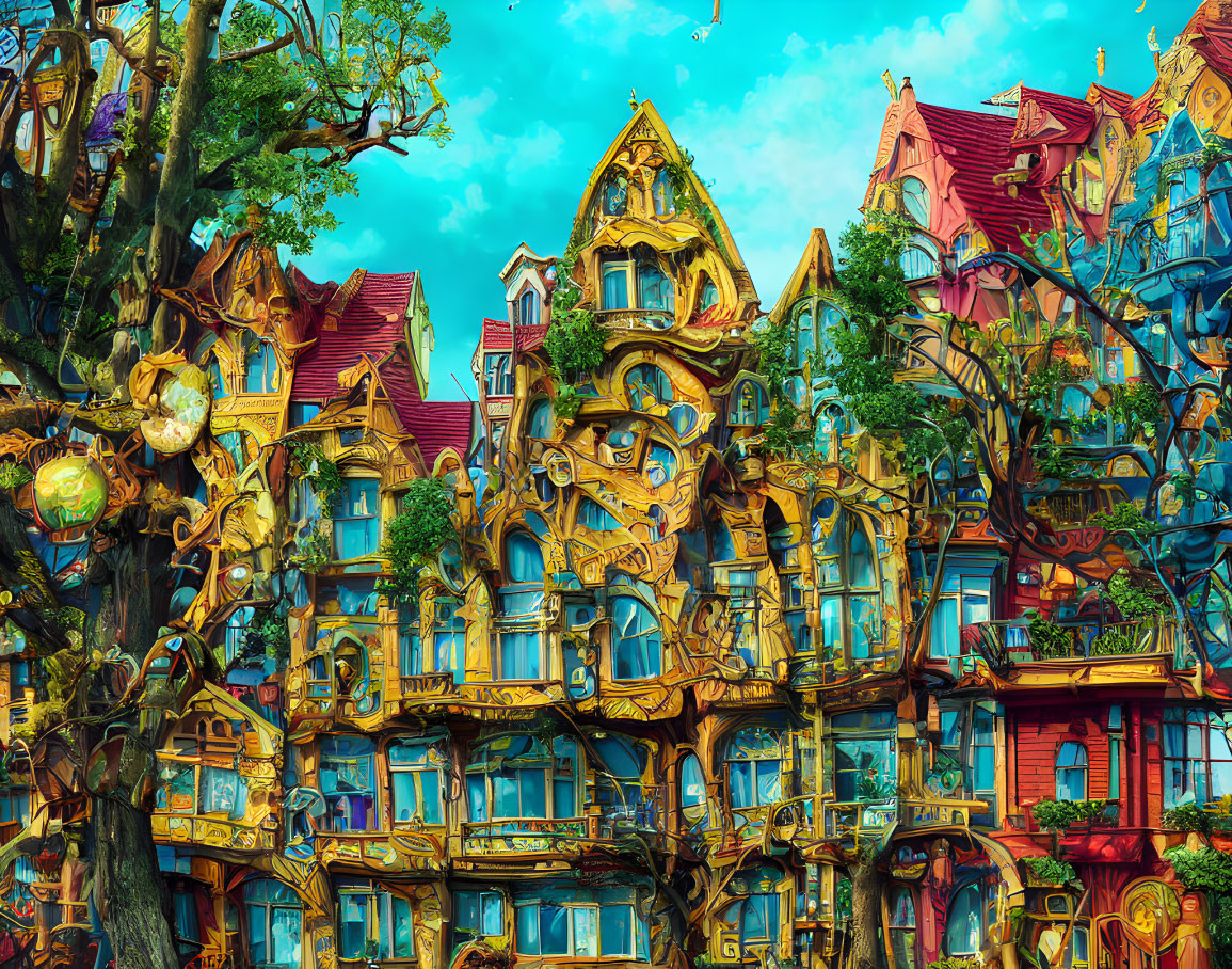 Vibrant fantasy village scene with colorful houses and lush trees