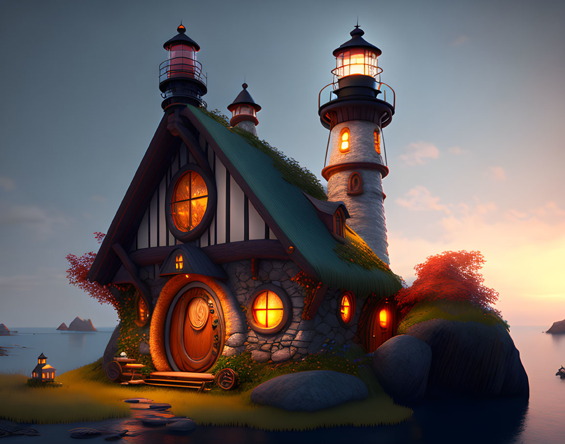 Enchanting twilight scene of lighthouse and cottage by the ocean