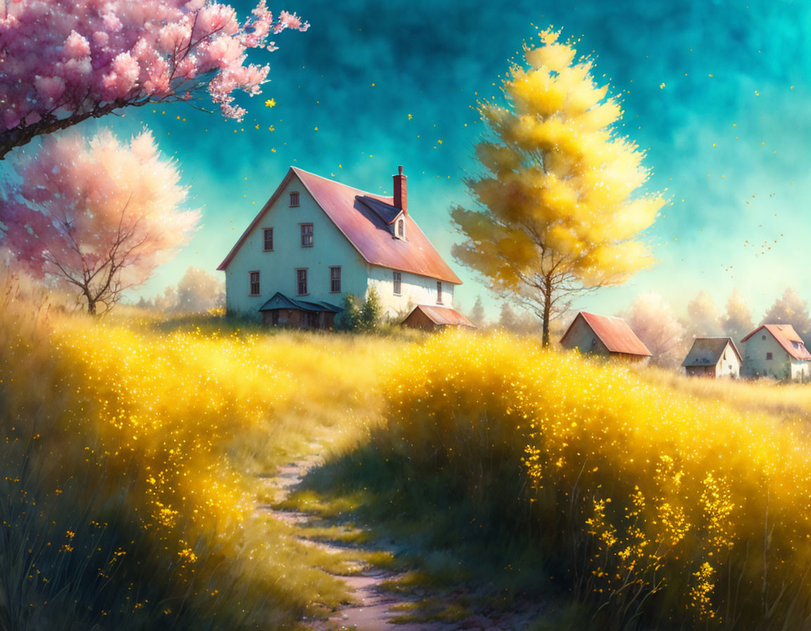 Tranquil landscape with cozy house, blooming trees, and yellow flower field