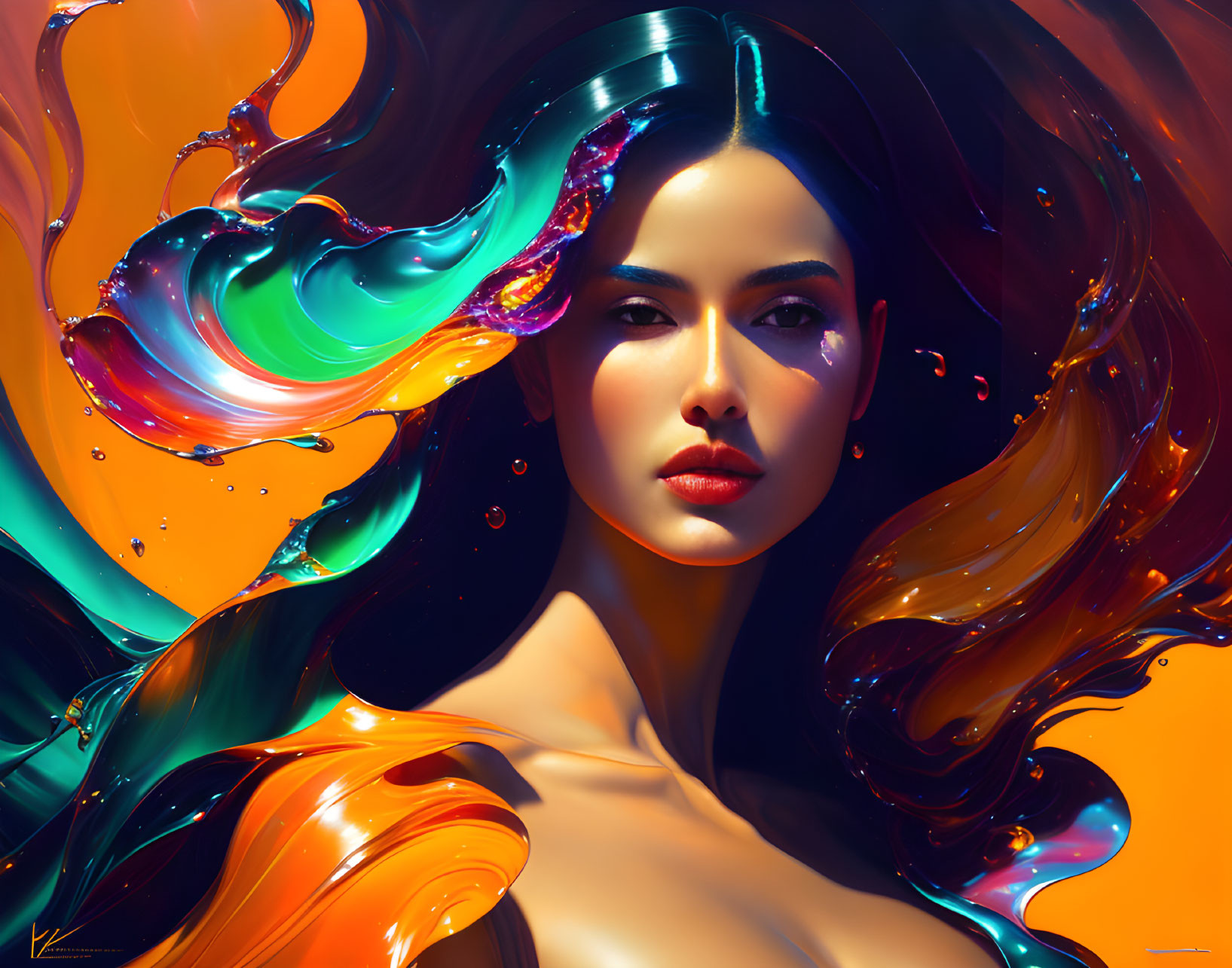 Colorful digital artwork: Woman with vibrant liquid-like hair on warm background