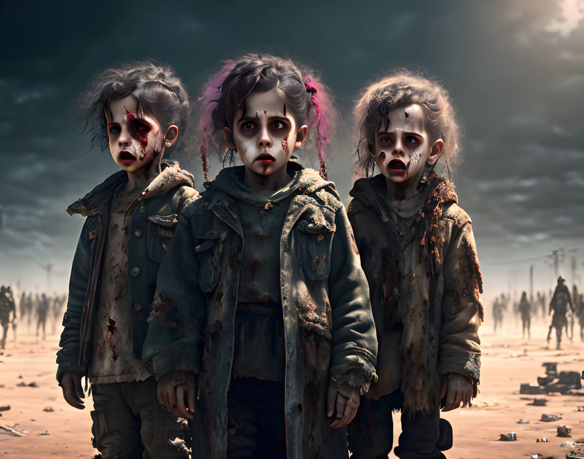 Three children in zombie makeup in desolate landscape