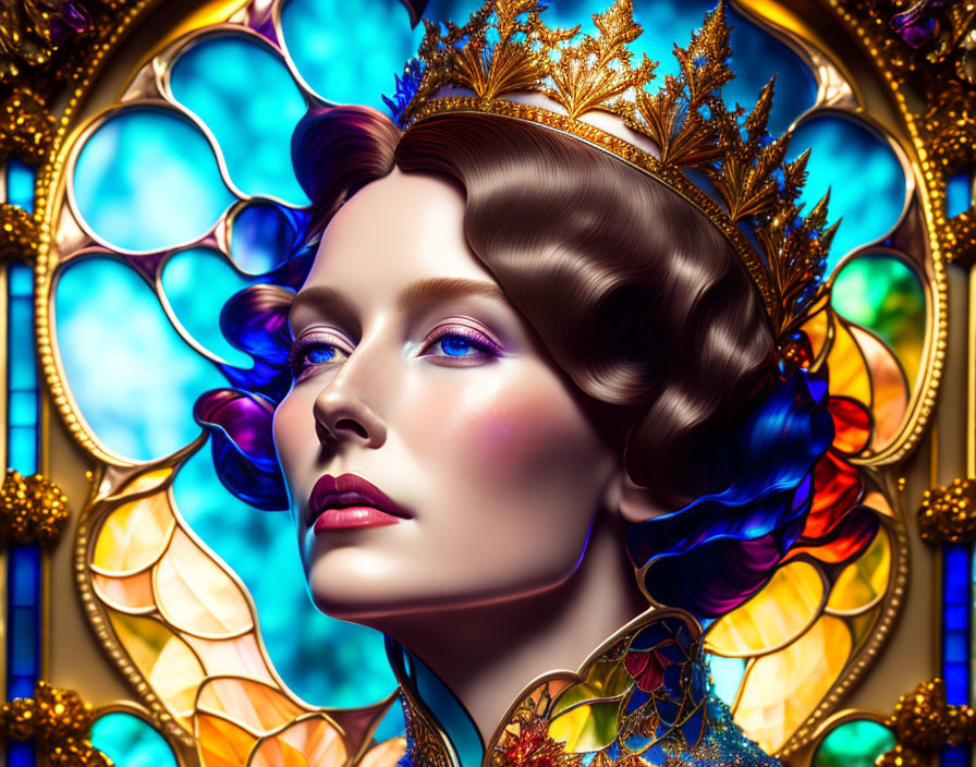 Colorful Portrait of Woman with Gilded Crown on Stained Glass Background