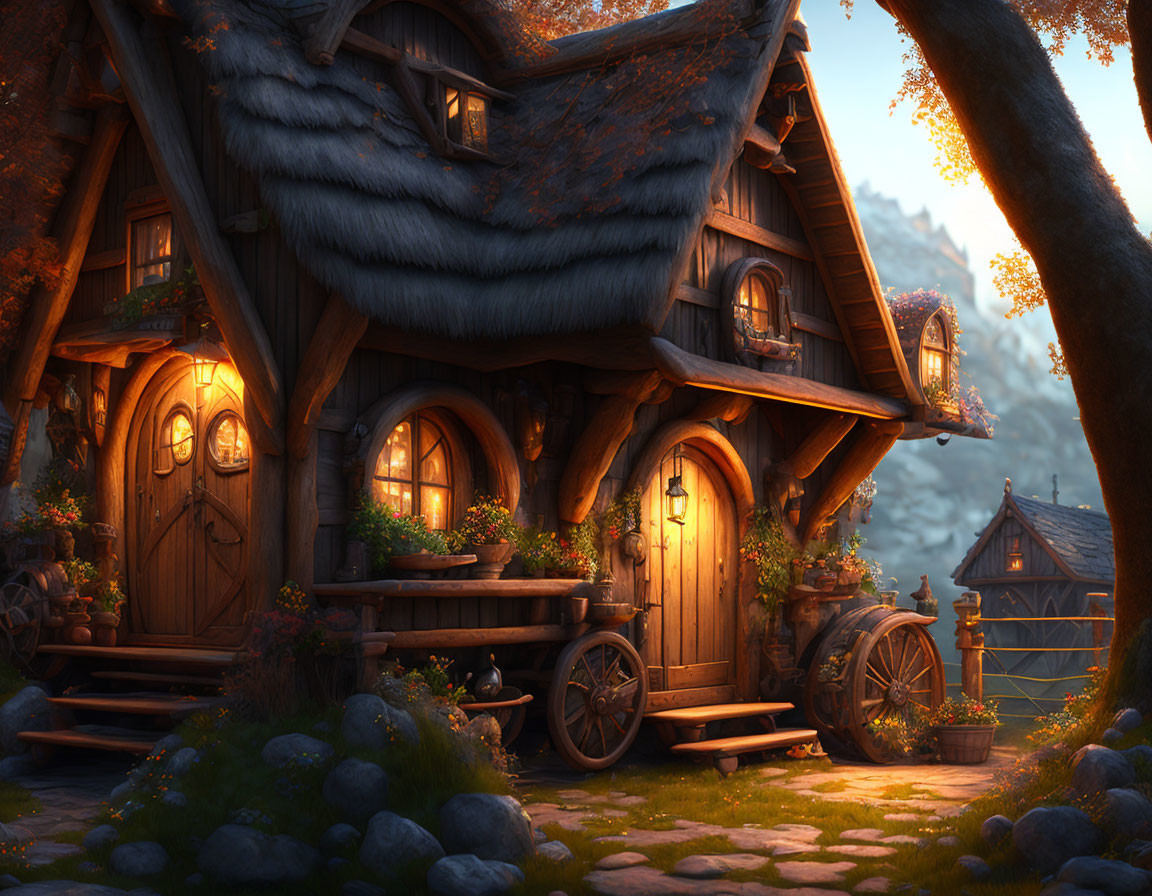 Enchanted forest cottage with warm glowing lights at dusk