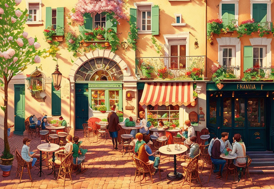 Colorful street scene with outdoor cafes and sunny ambiance