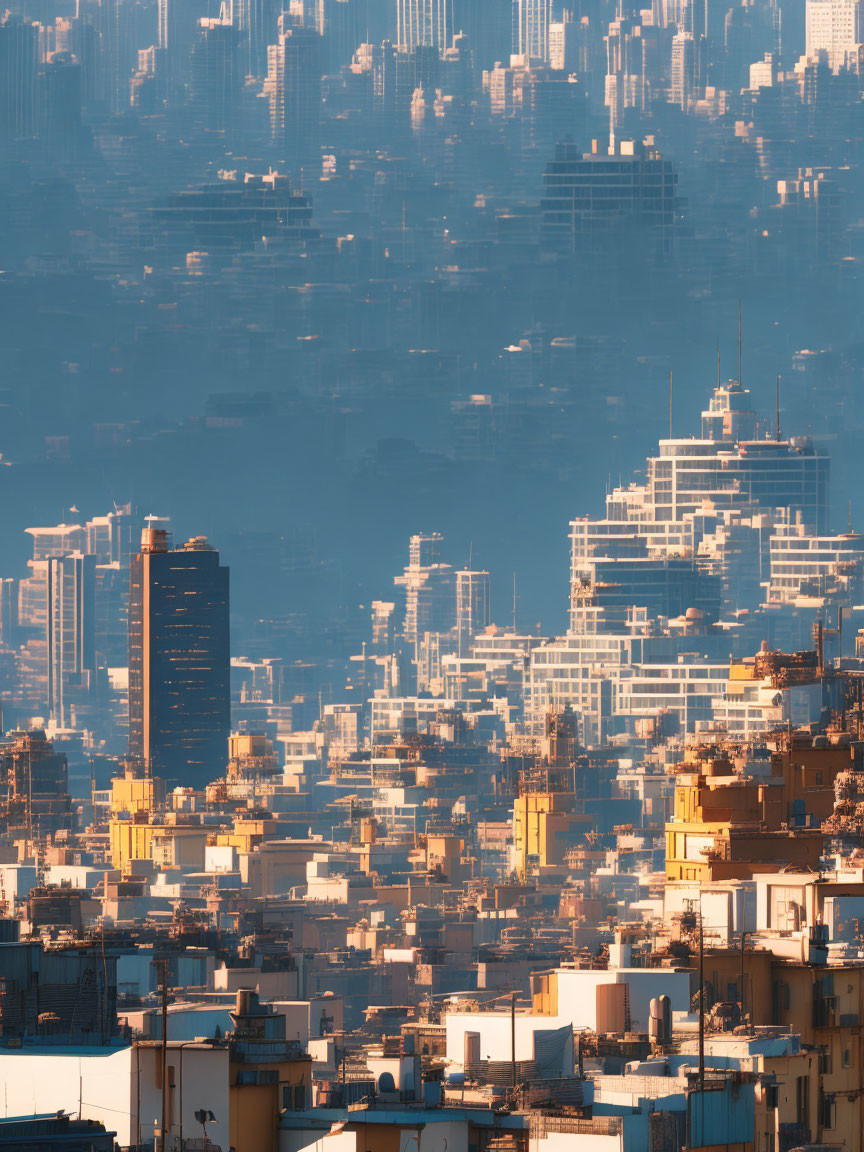 Golden-lit urban skyline with high-rise buildings in a dense cityscape