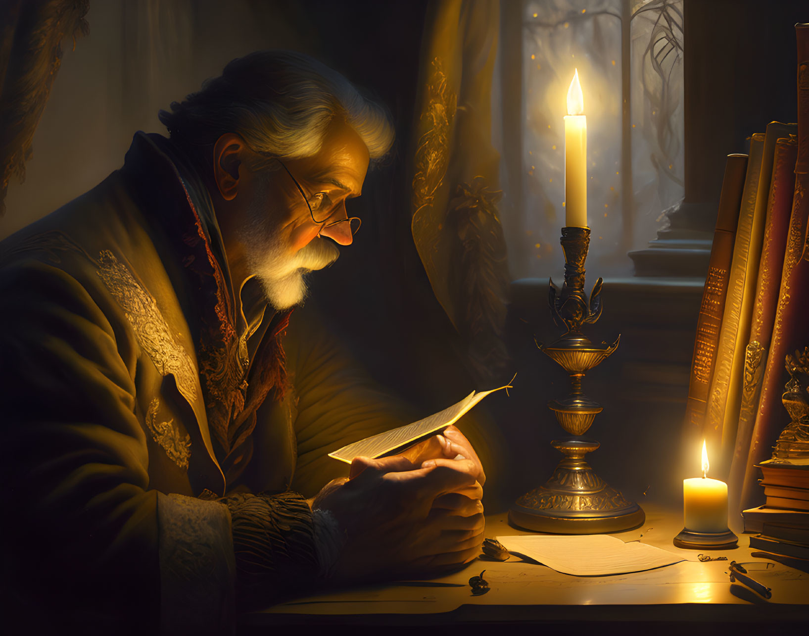 Elderly gentleman reading book by candlelight in serene setting