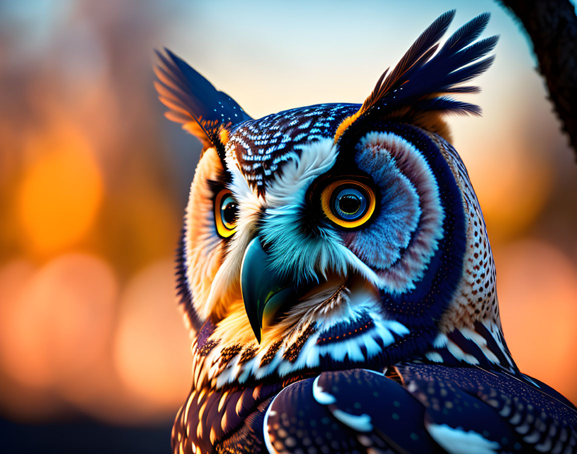 Vibrant owl with intricate feathers and yellow eyes in sunset background