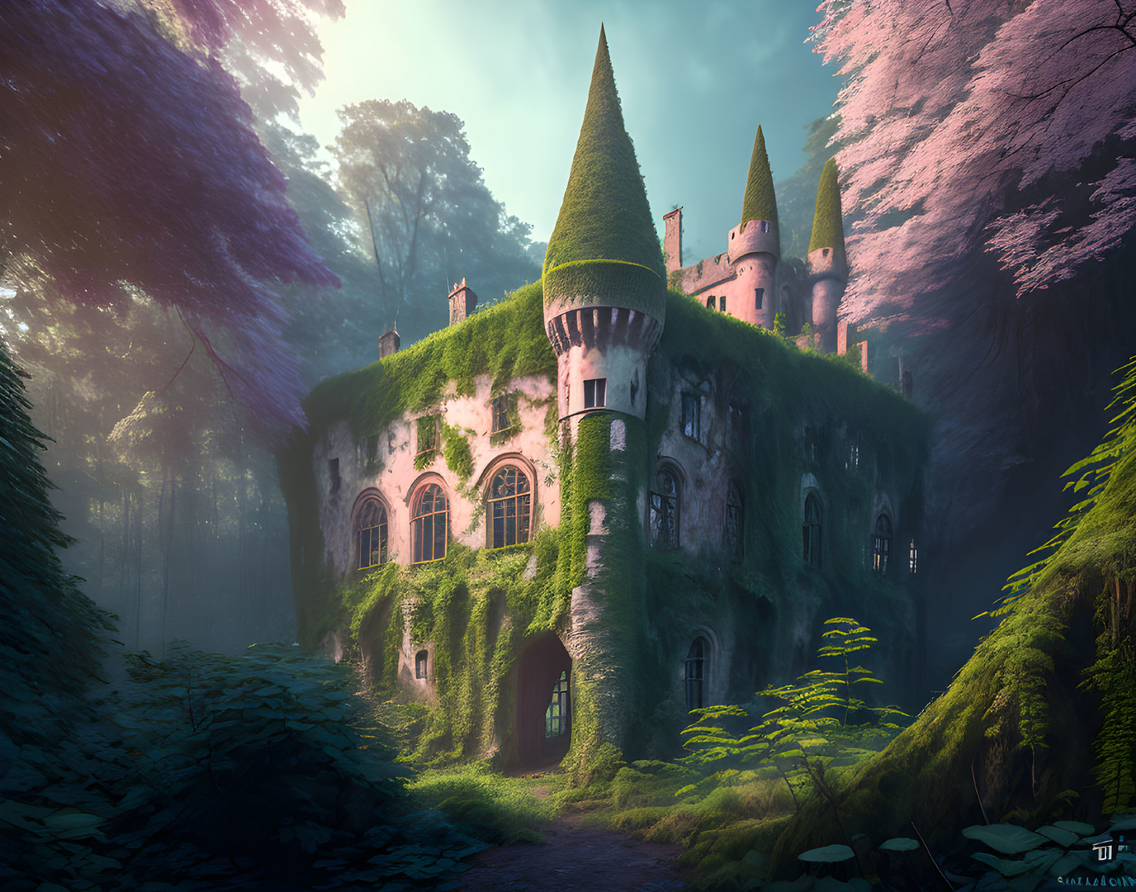 Castle in mystical forest with moss-covered walls