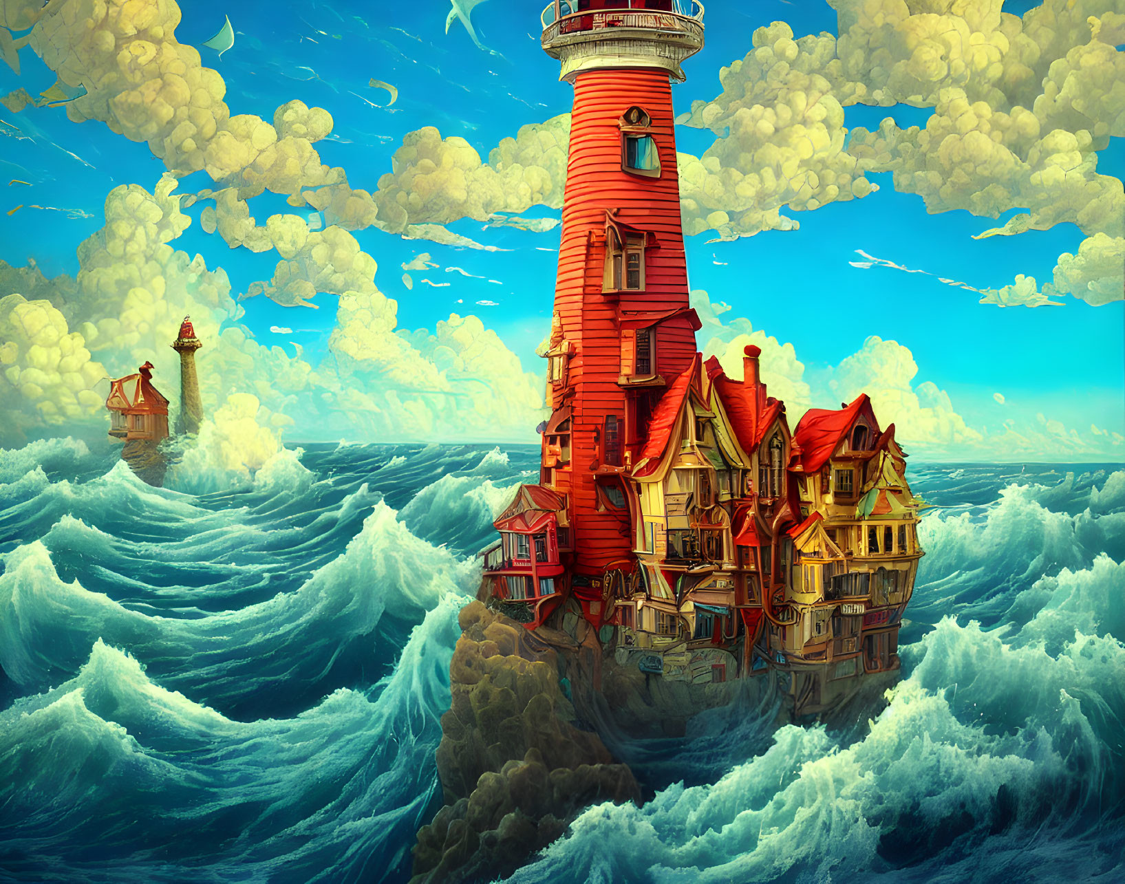 Detailed Red Lighthouse Illustration Amidst Stormy Waves