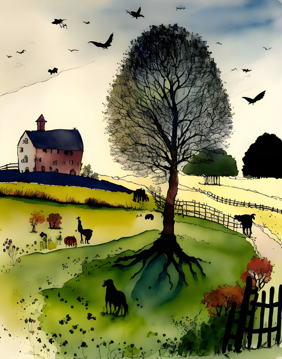 Rural watercolor landscape with farmhouse, tree, animals, hills, and birds