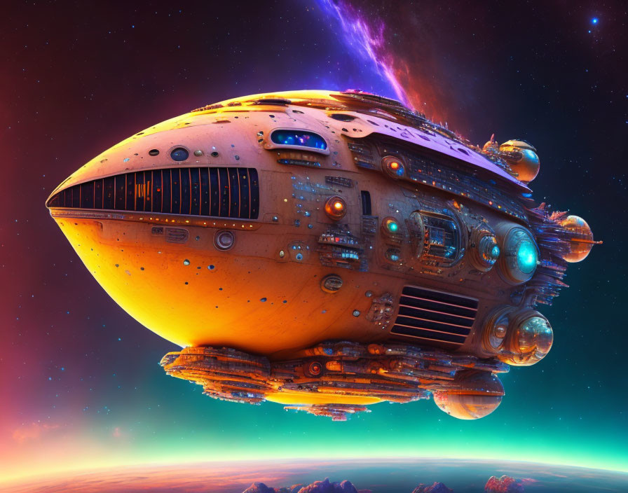 Detailed Sci-Fi Spaceship Soaring in Colorful Nebula