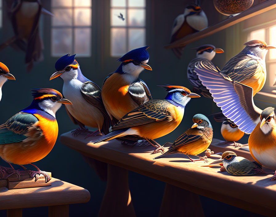 Vibrant birds on wooden furniture in dimly lit room