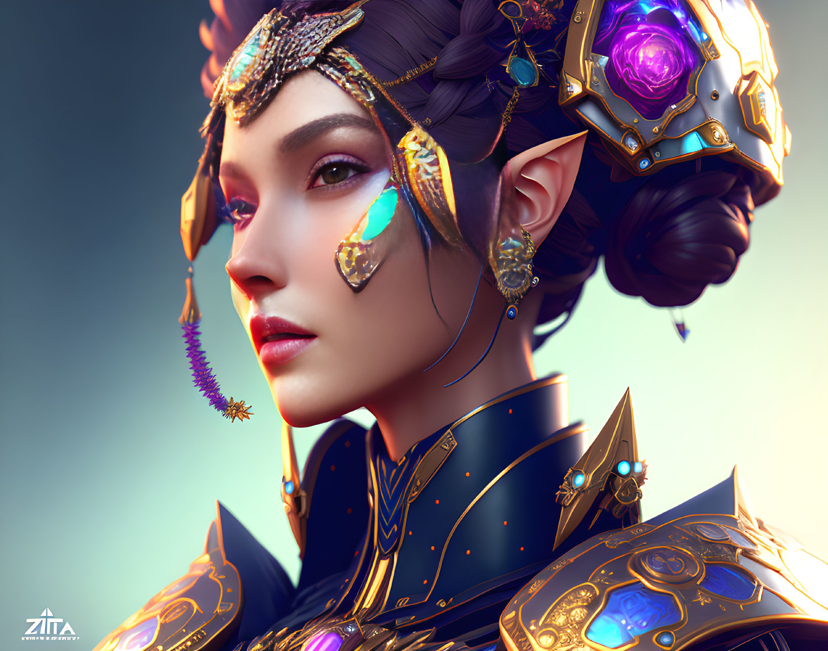 Fantasy female character in golden armor with purple gem accents