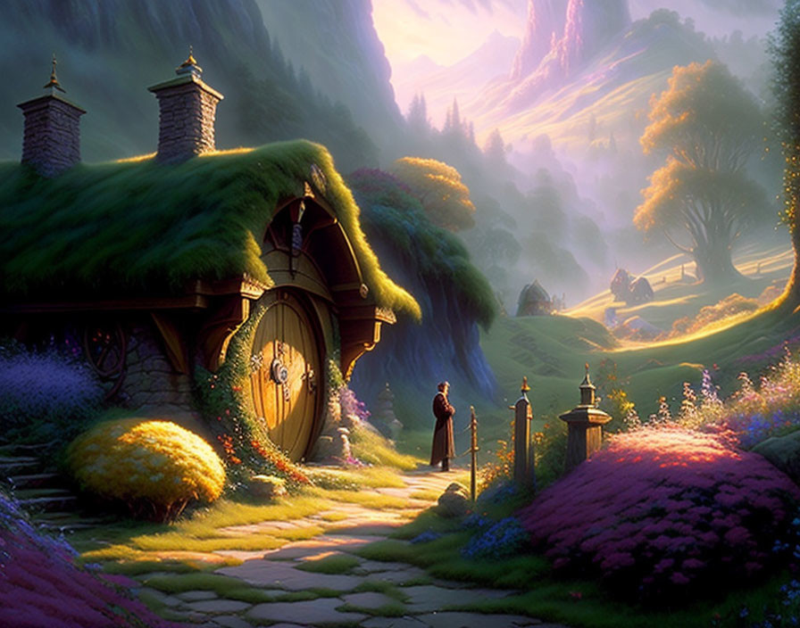 Round-doored cottage in magical landscape with figure standing outside