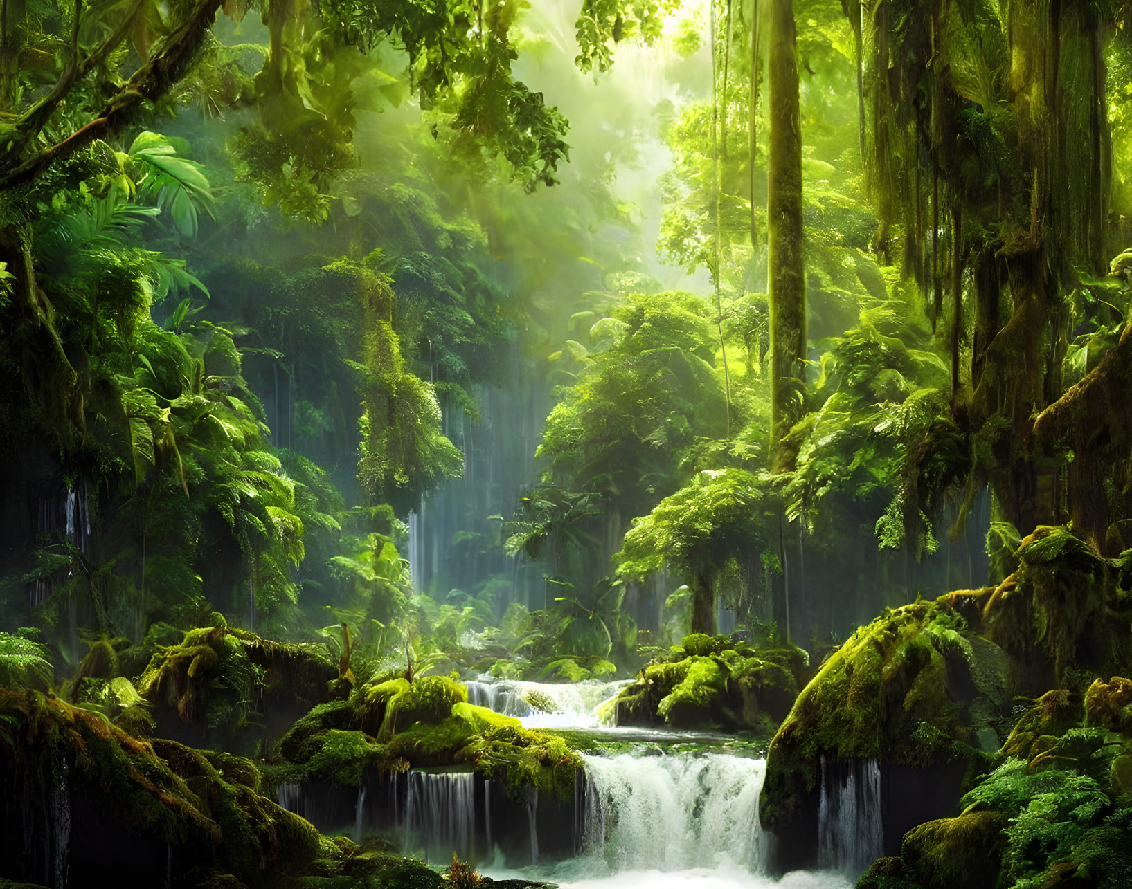 Tranquil forest scene with waterfalls and moss-covered rocks.