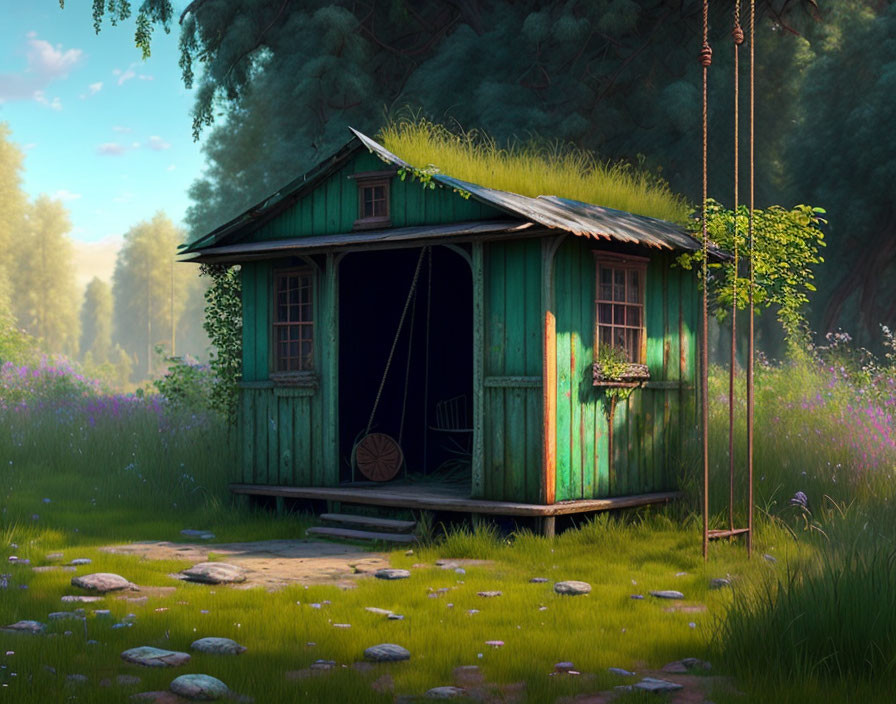 Green wooden hut with grassy roof in forest clearing surrounded by trees and wildflowers