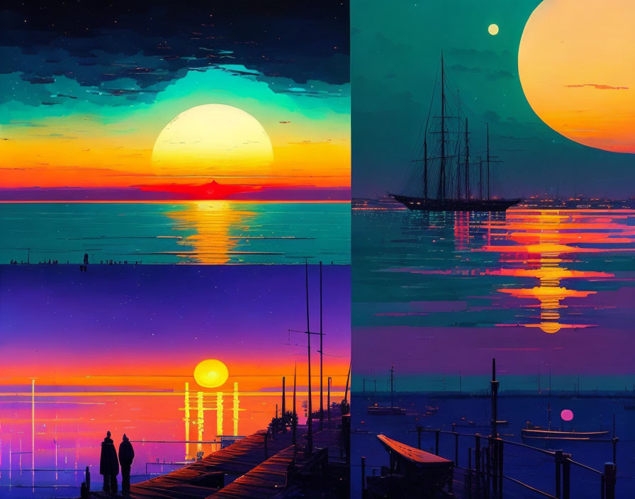 Vibrant sunset scenes with silhouettes, dock, sailboat, and moon reflections