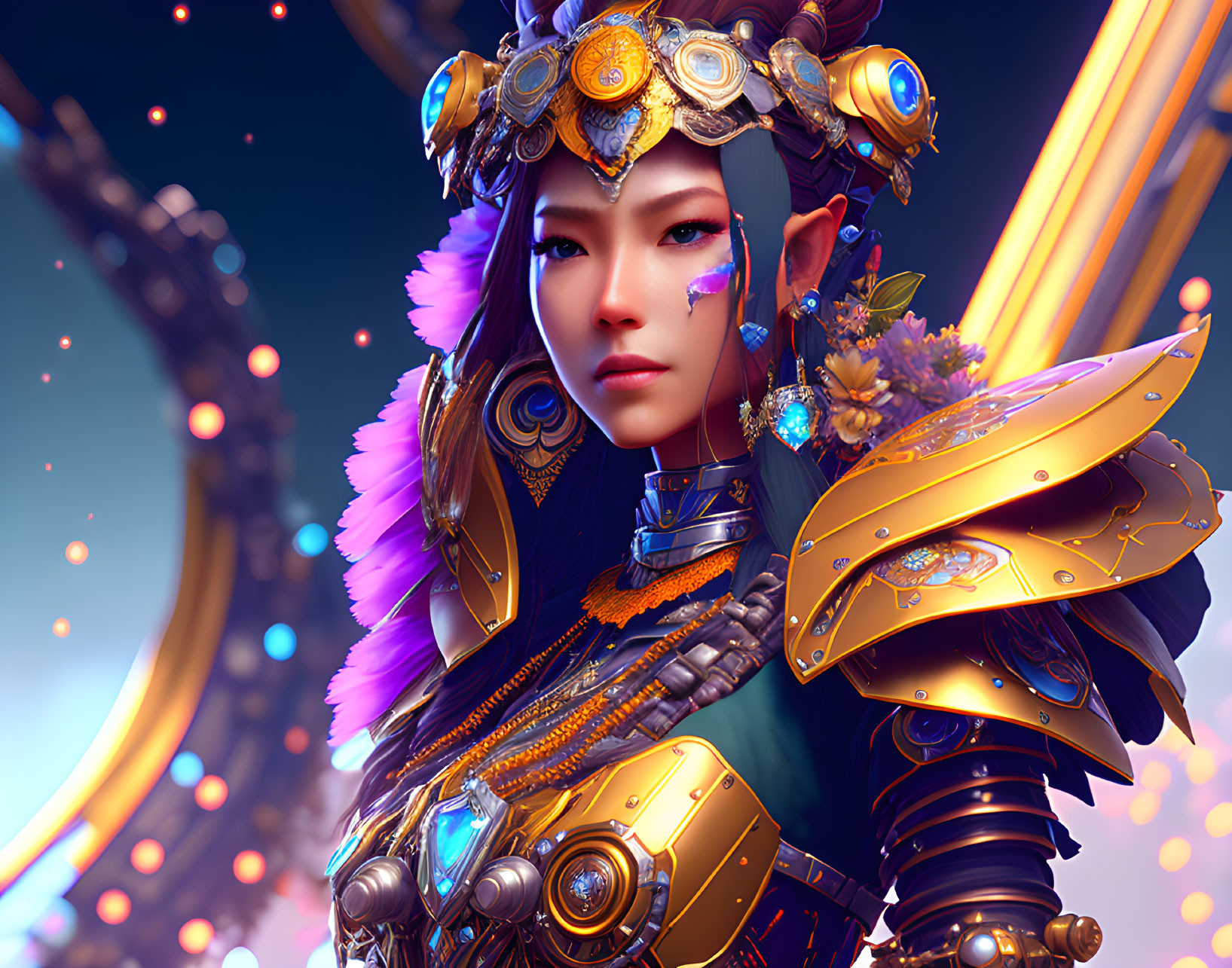 Female character in golden armor with floral details on dynamic backdrop