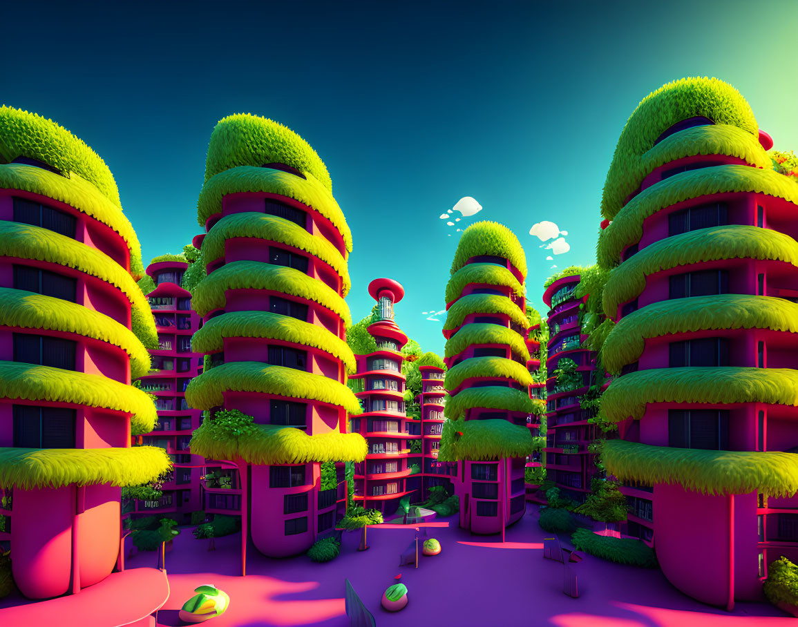 Vibrant green terraced buildings in surreal landscape with pink grounds and blue sky