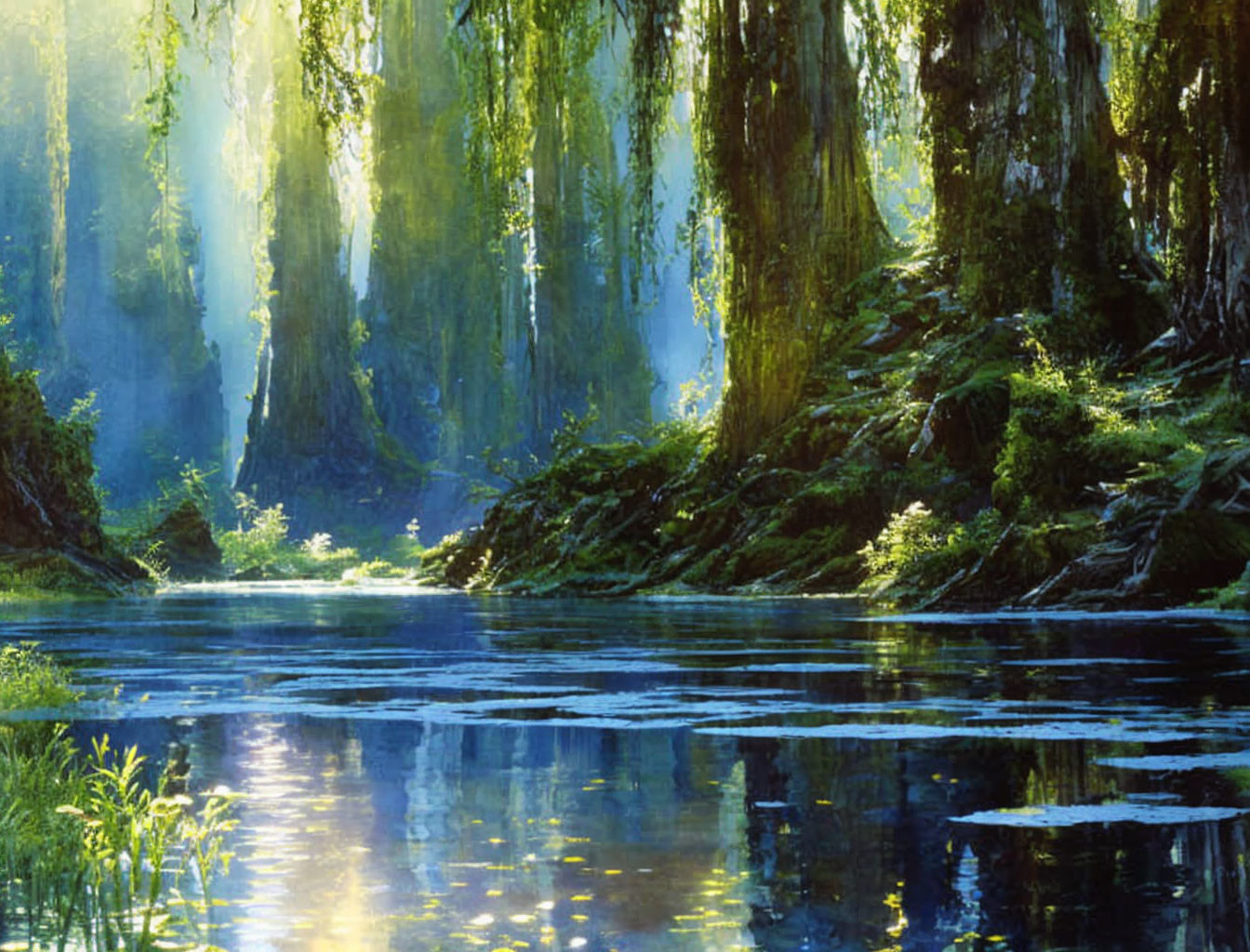 Tranquil forest scene with sunlight filtering through moss-covered trees and serene water.