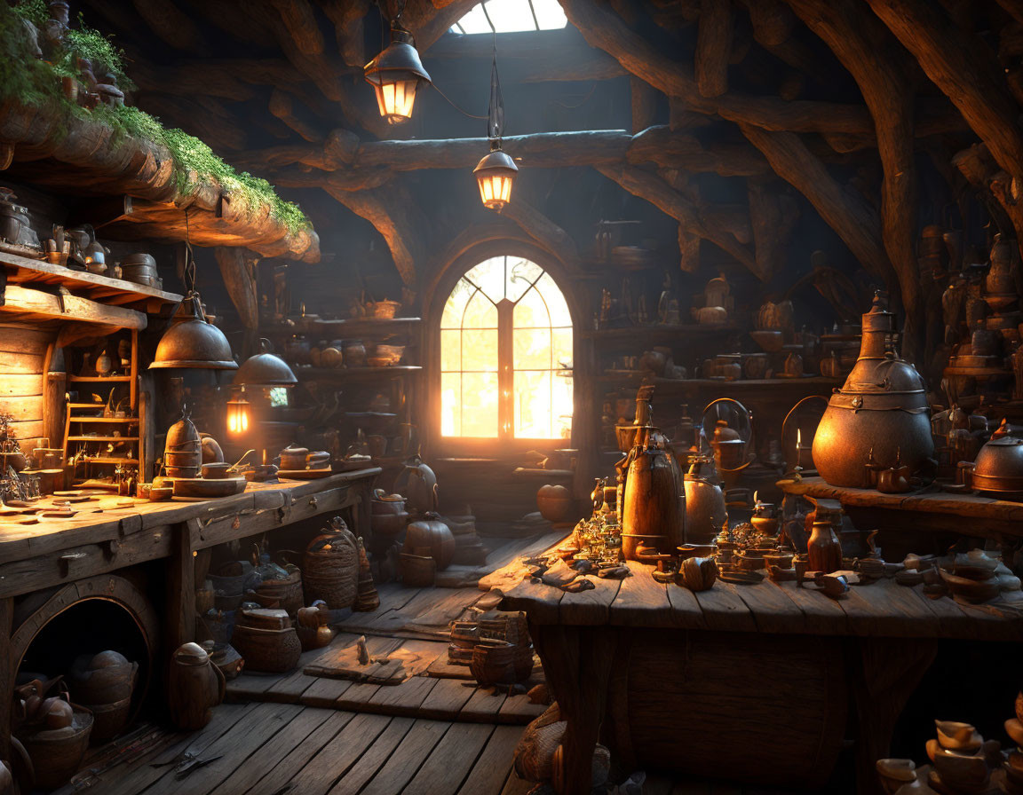 Sunlit rustic pottery workshop with clay pots & wooden furnishings