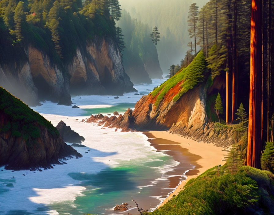 Misty coastal landscape with sunlit cliffs and calm beach