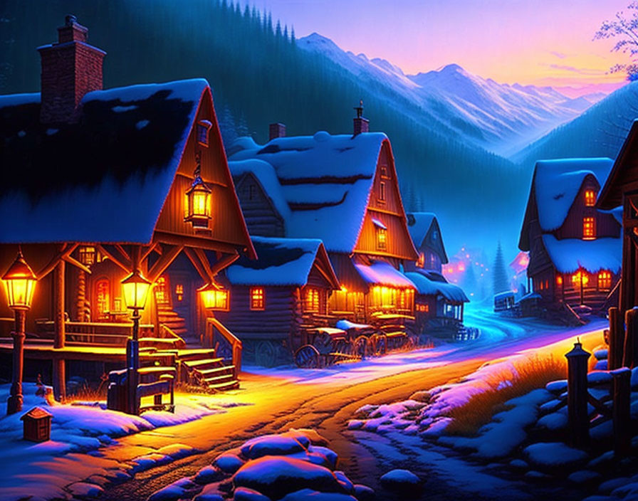 Snowy Village at Dusk in Mountain Valley: Illuminated Cottages under Twilight Sky