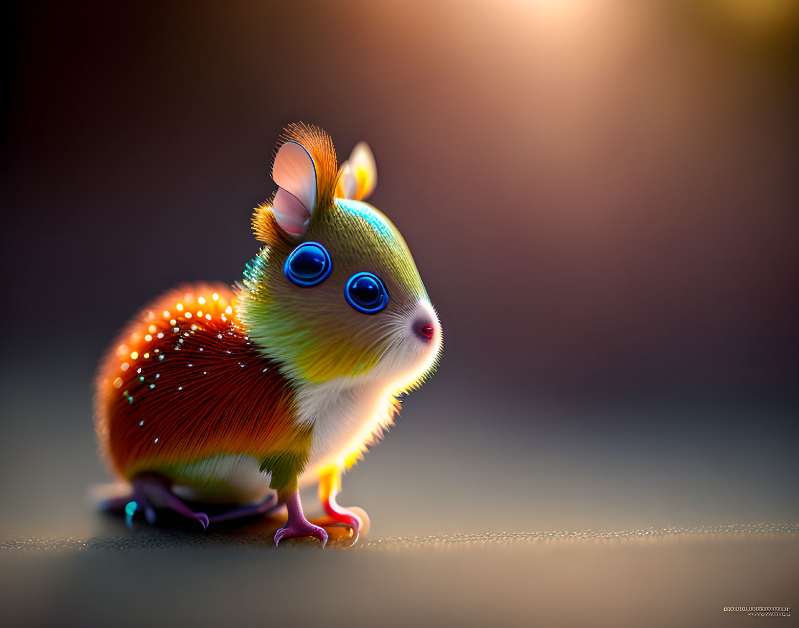 Colorful digital artwork: Small creature with mouse-bird features and blue eyes.