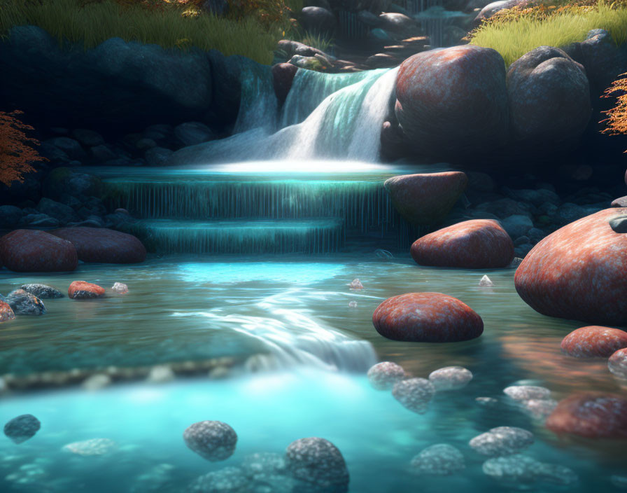 Tranquil waterfall scene with lush foliage and smooth stones