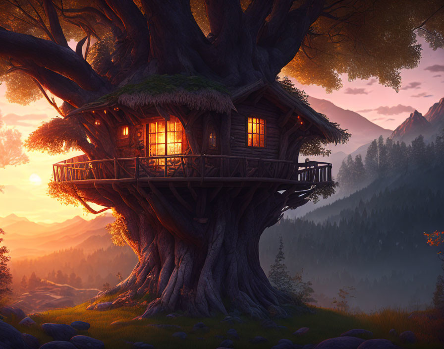 Cozy treehouse at sunset in ancient tree overlooking forest & mountains