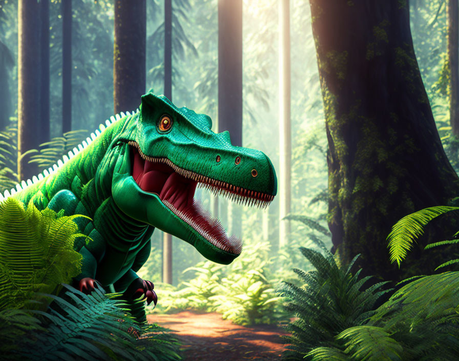 Green dinosaur resembling a Tyrannosaurus rex in lush forest spotlighted by sunlight