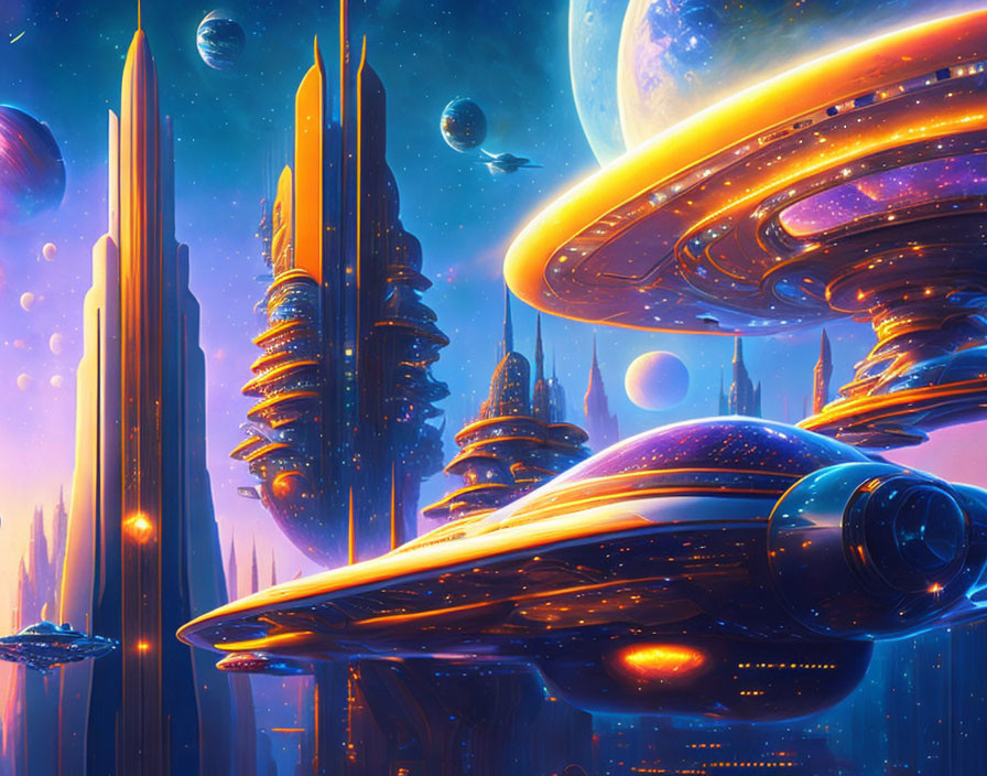 Futuristic science fiction cityscape with towering spires and spacecraft