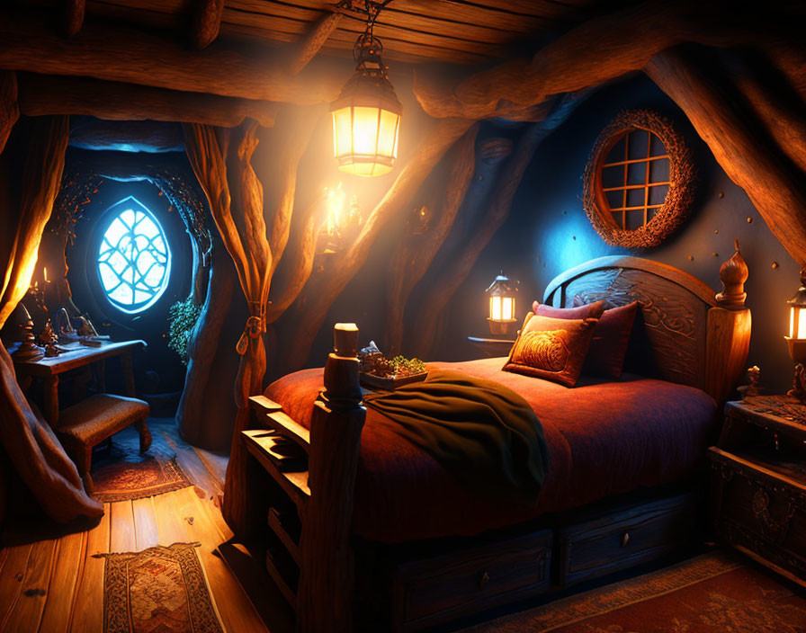 Fantasy-style bedroom with round bed and glowing lanterns