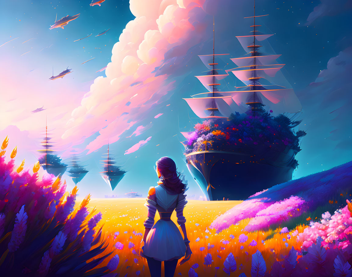 Girl admiring ships, colorful flora, sky with rockets