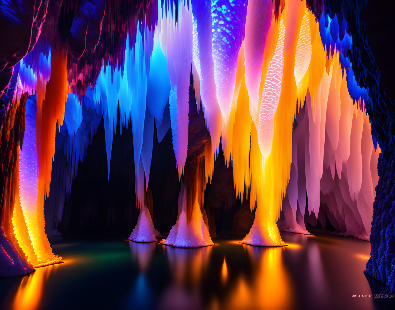 Colorful Cave with Stalactites and Stalagmites by Water