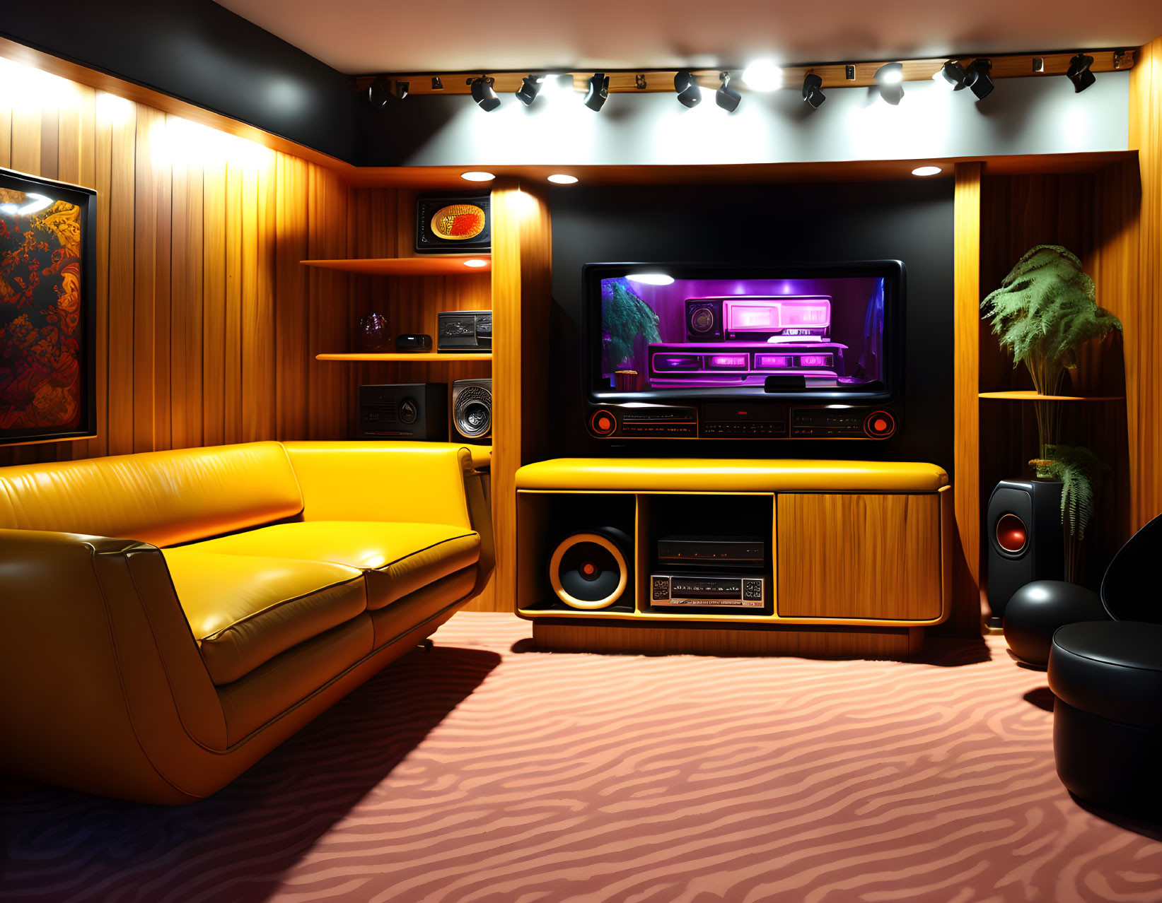 Retro-styled living room with yellow sofa and vintage audio equipment