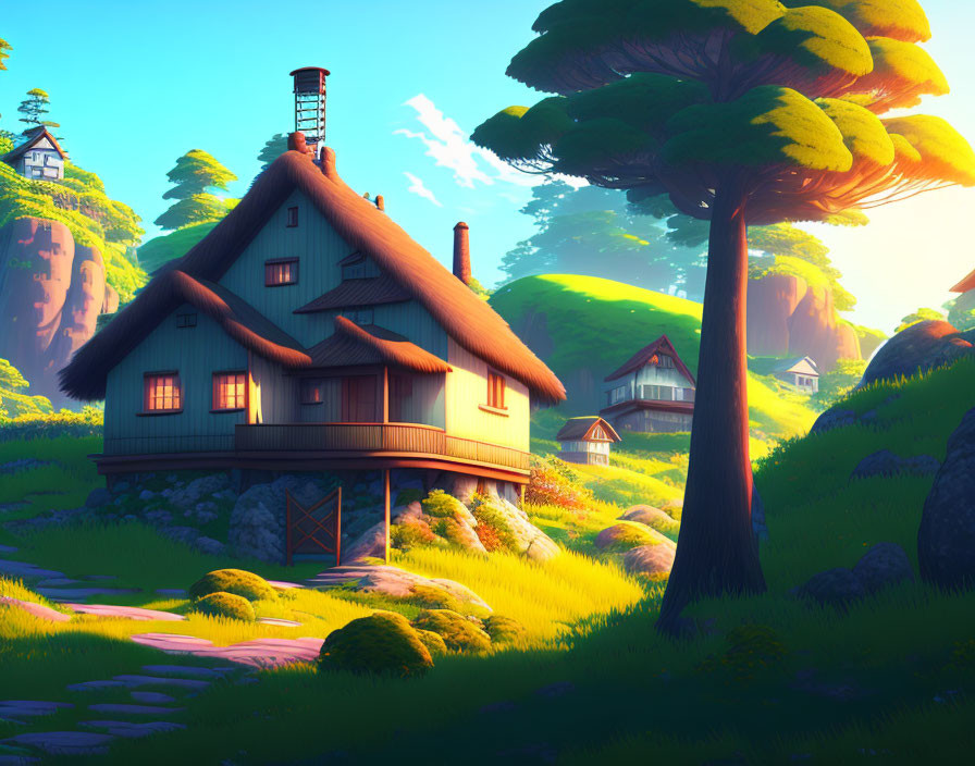 Charming cottage in lush animated landscape